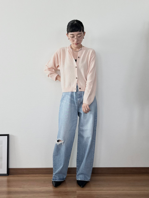 カシミヤクルーネックショートカーディガン（長袖）、カシミヤクルー