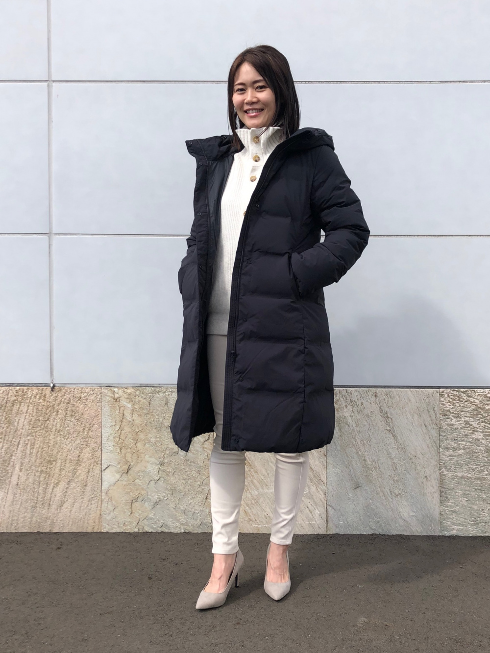 シームレスダウンロングコート、スフレヤーンスタンドカラー