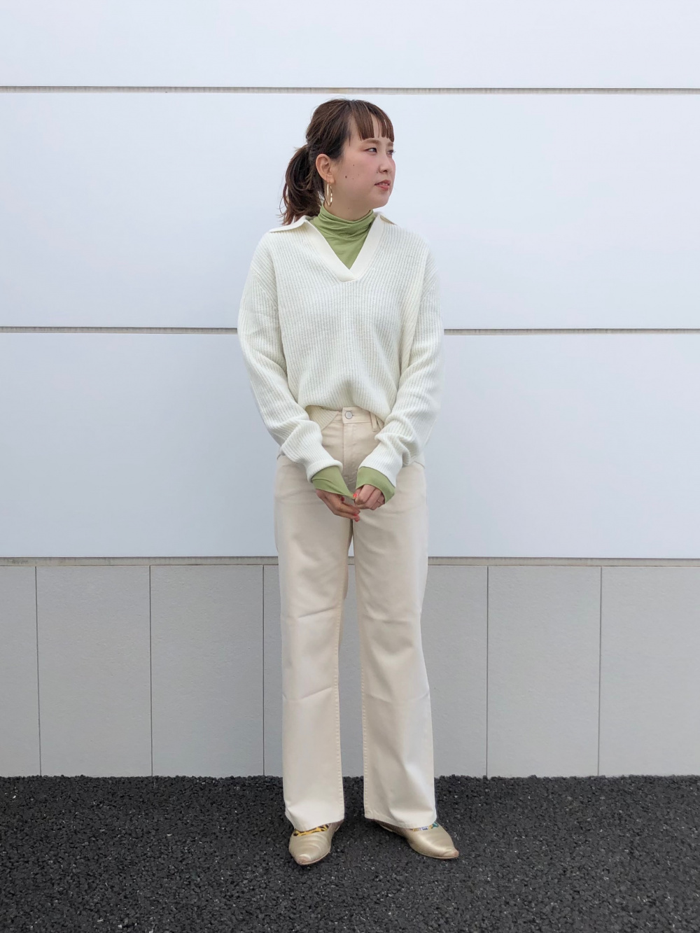 ☆新品タグ付☆ コトニエ×ユニクロ／プレミアムラムポロセーター［XXL／ホワイト プレミアムラムポロセーター（長袖）」の着用コーディネート| ユニクロ公式