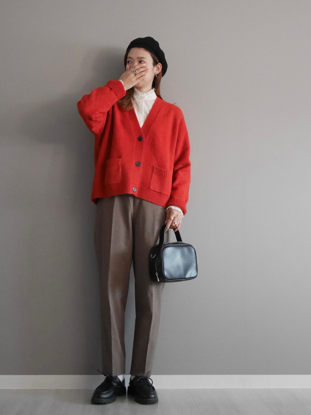 UNIQLO - UNIQLO エクストラファインメリノリブポロカーディガン　Lサイズ　赤 UNIQLO エクストラファインメリノリブポロカーディガン 長袖 M