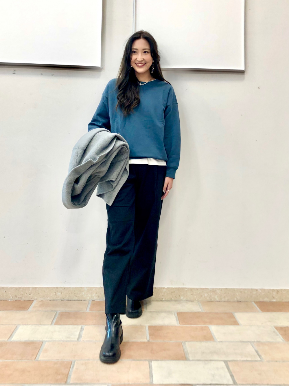 ユニクロ ブラッシュドジャージータックワイドパンツ ネイビー Ｌ 新品 タグ付き ユニクロ公式 | ブラッシュドジャージータックワイドパンツ（丈