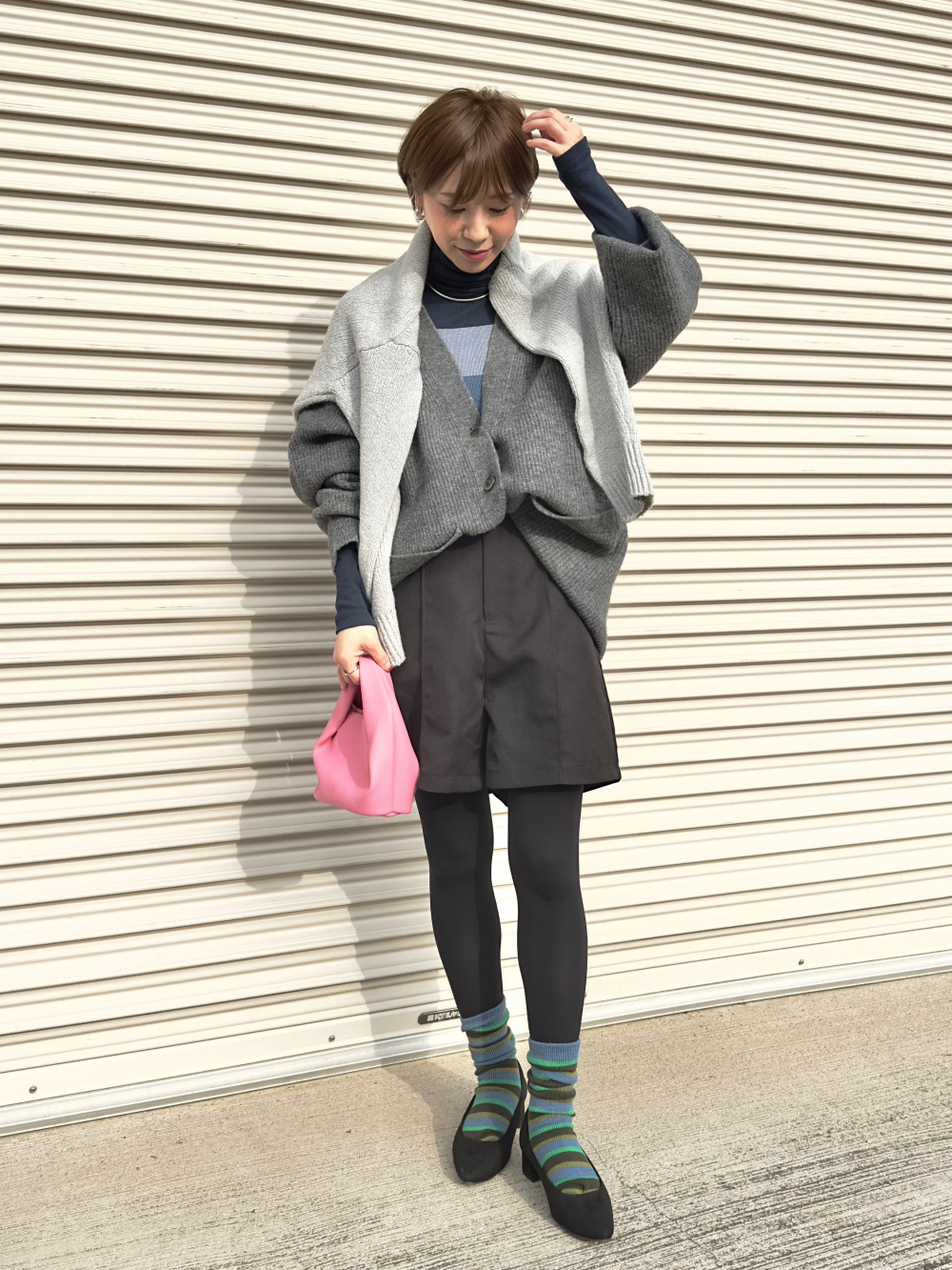 センソユニコ慈雨オリーブグリーンストライプハイネックセーター