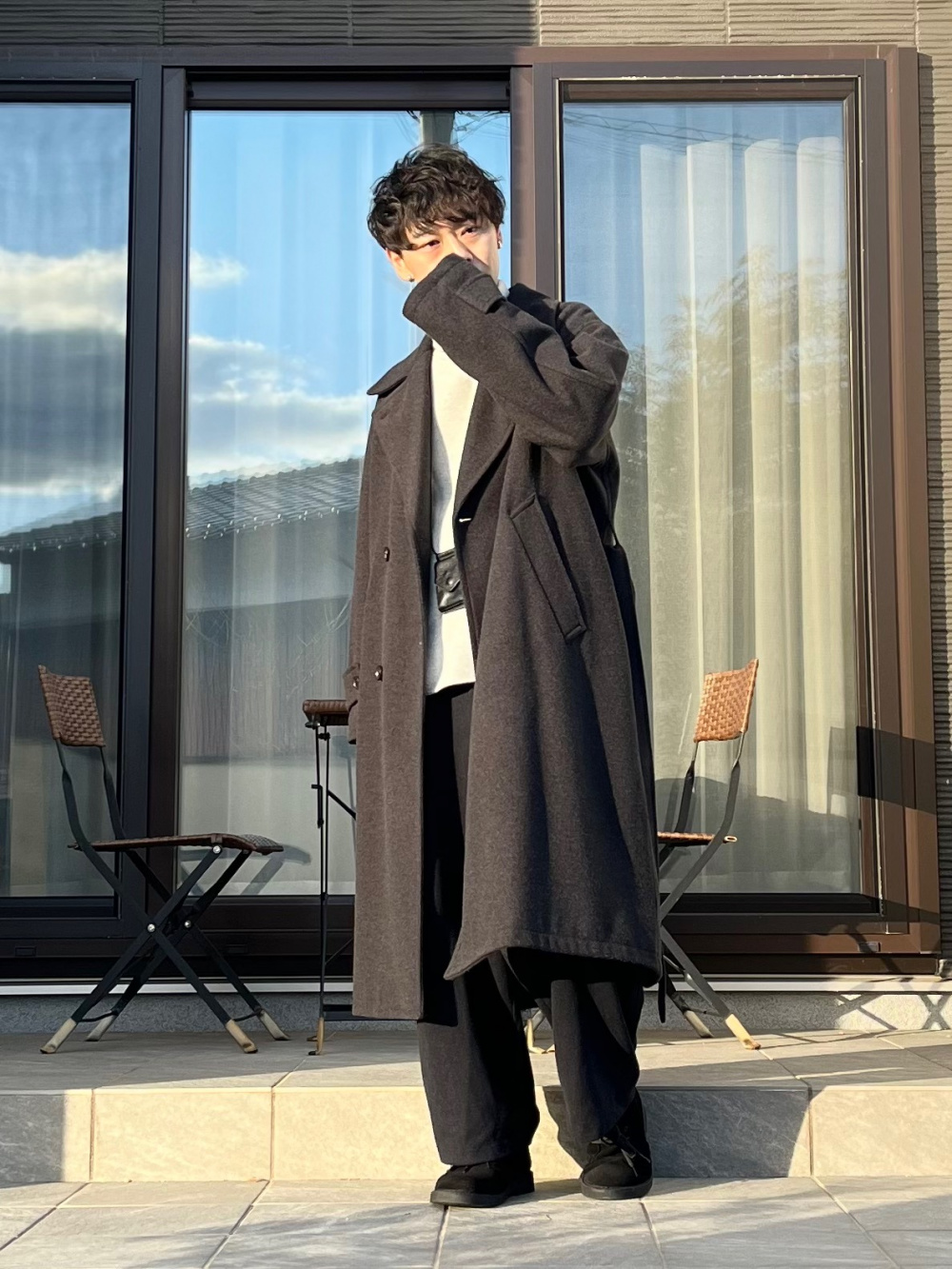 ブラッシュドジャージータックワイドパンツ（丈長め77cm）」の着用