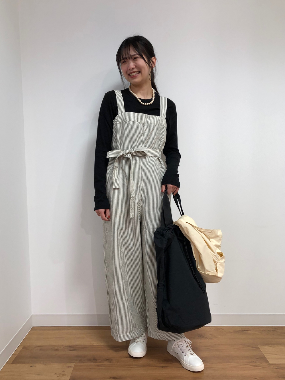 リネンブレンドサロペット/ストライプ、ソフトリブクルーネックT/長袖 