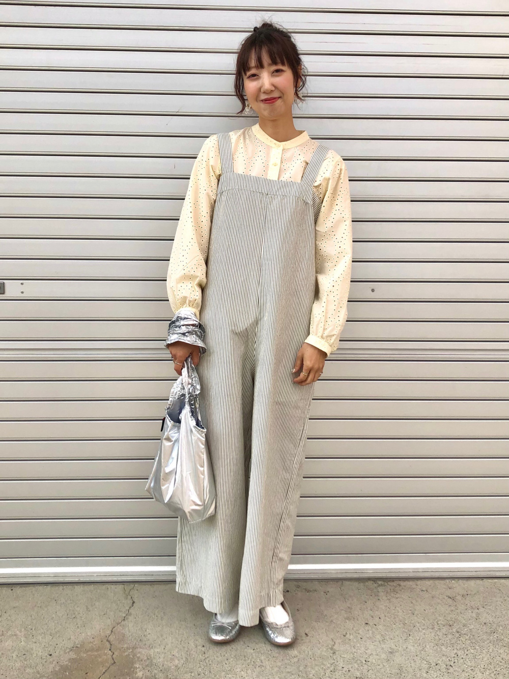 リネンブレンドサロペット/ストライプ、コットンエンブロイダリー 