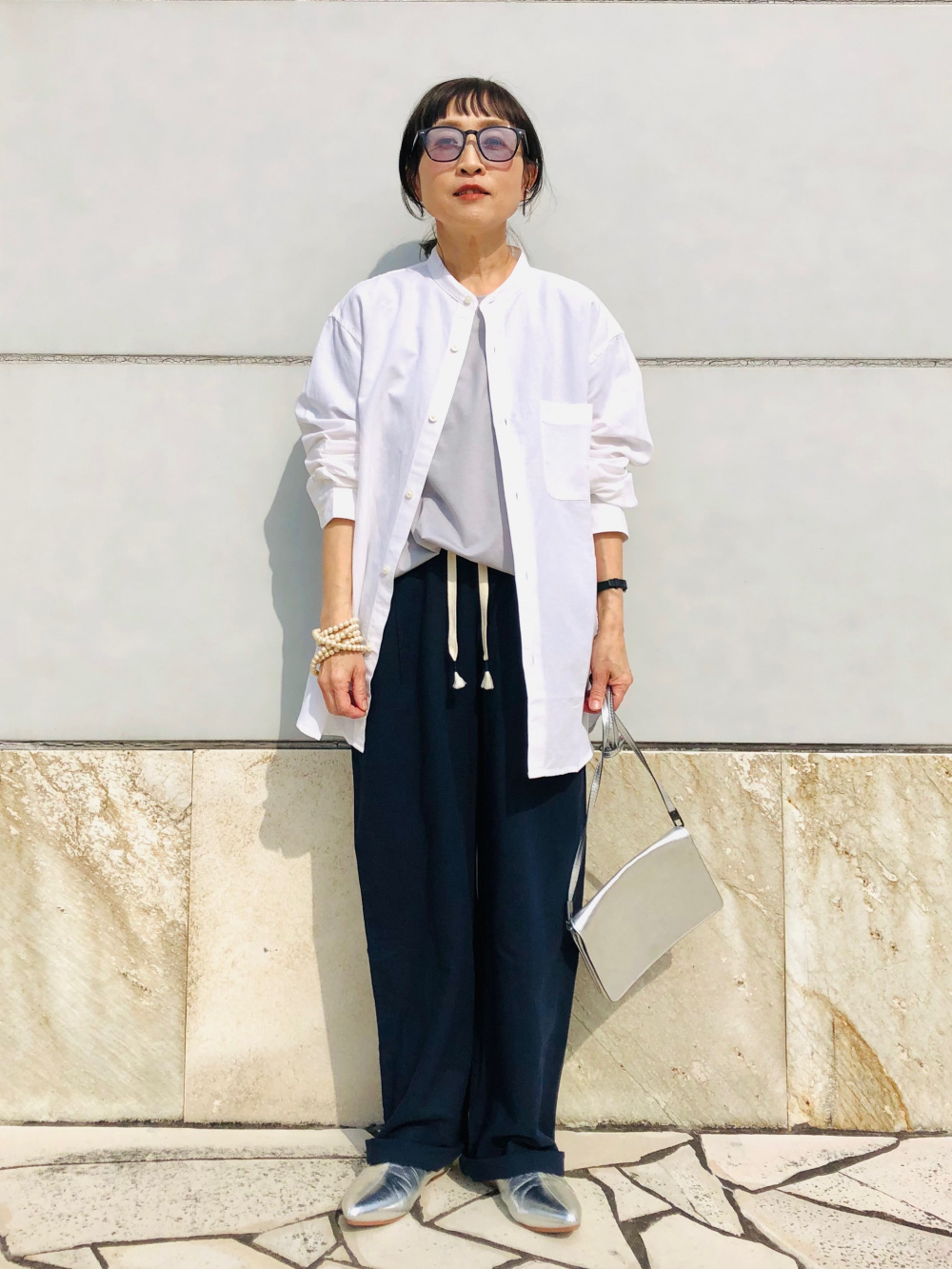 プレミアムリネンシャツ、リネンブレンドストライプバンドカラーシャツ