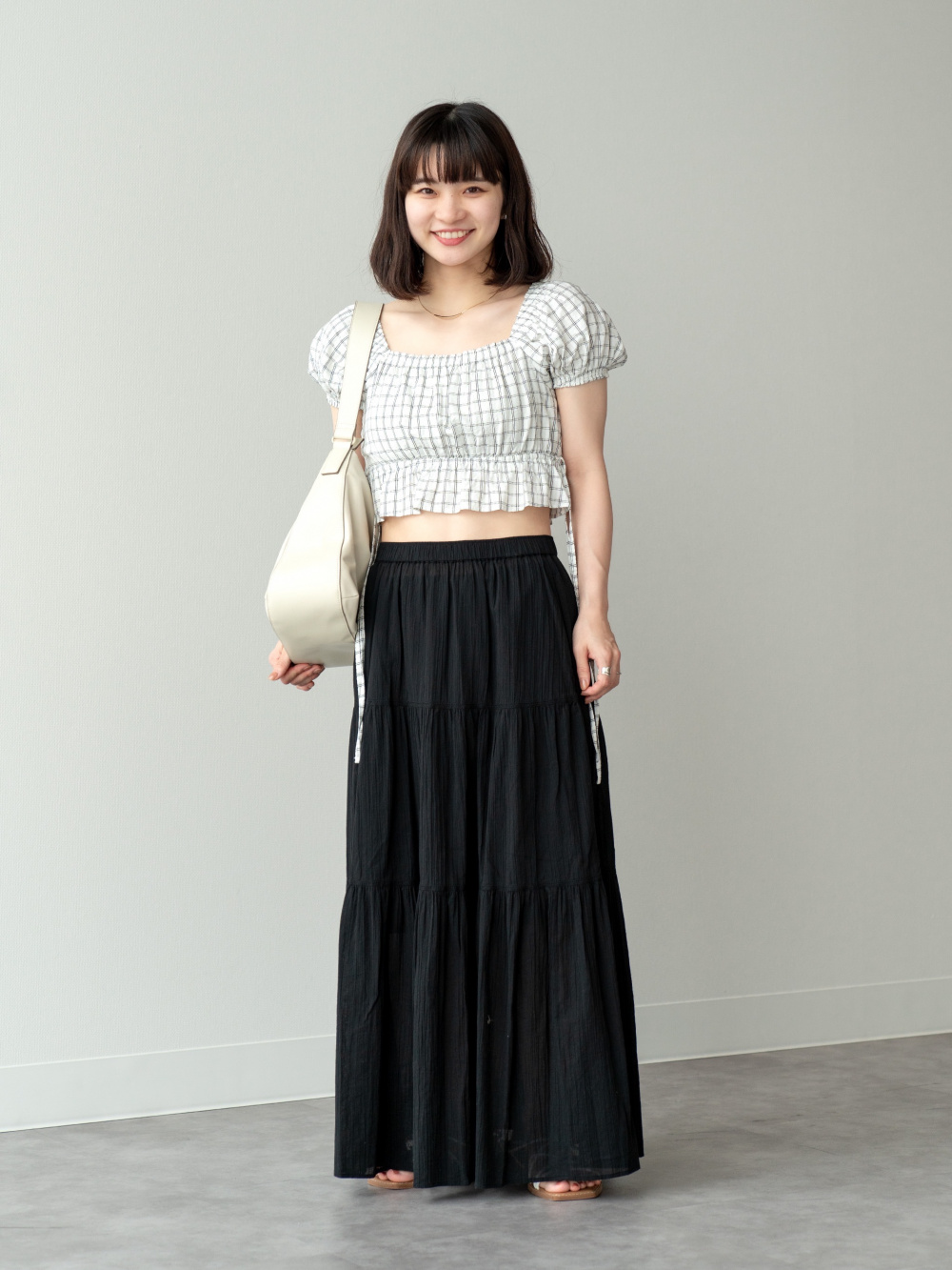 ギャザークロップドチェックブラウス、クリンクルコットンティアード  