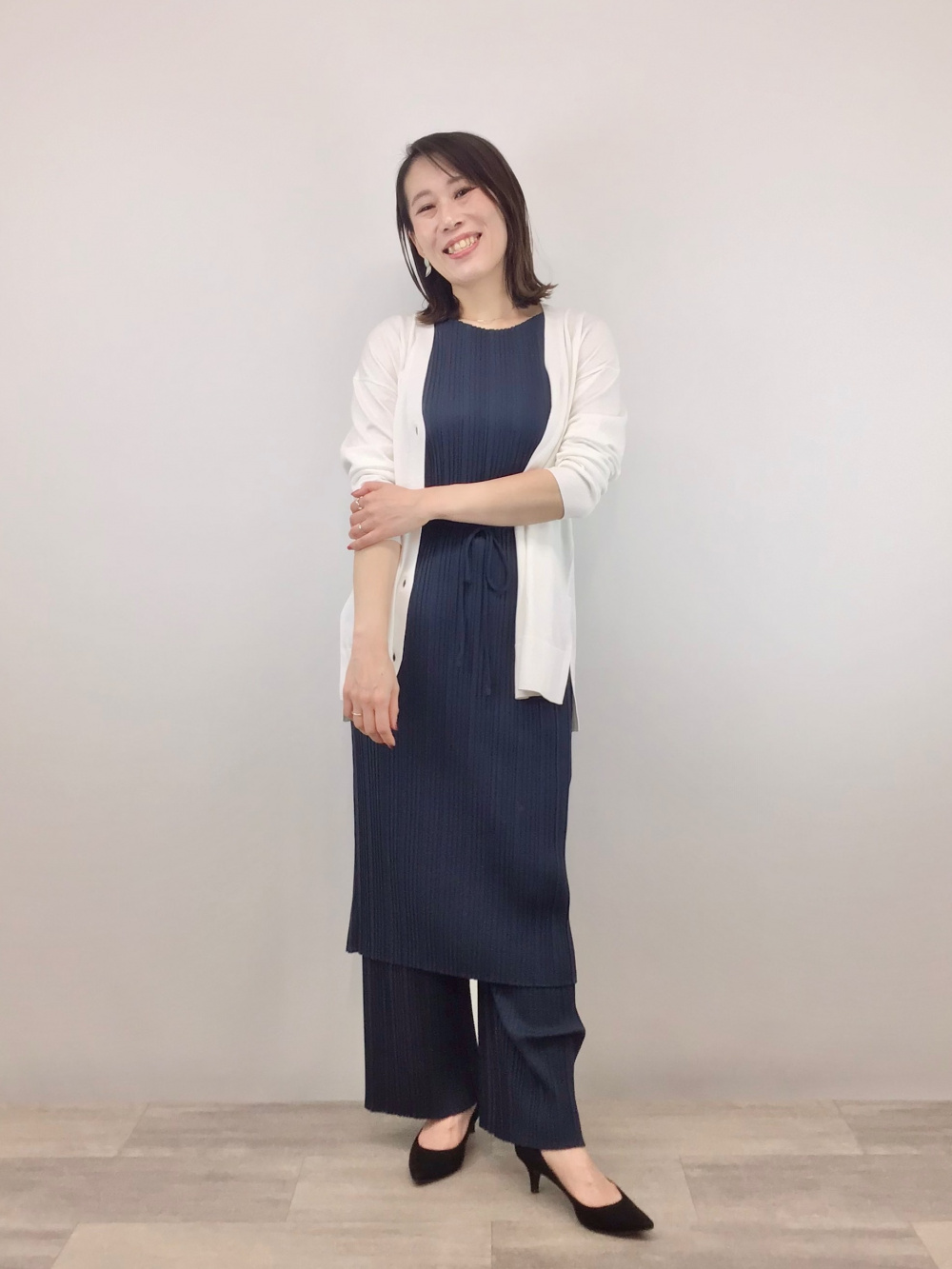 プリーツワンピース/ノースリーブ、UVカットVネックロングカーディガン