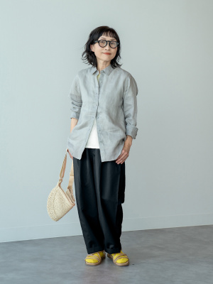 リネンクルーネックワイドワンピース UNIVERSAL TISSU｜トリプルワッシャーリネンコットン Vネック