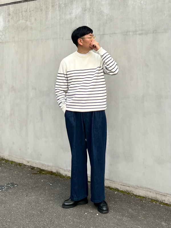 確認用画像 ウォッシャブルボーダークルーネックセーター（長袖）（メンズ）の着用