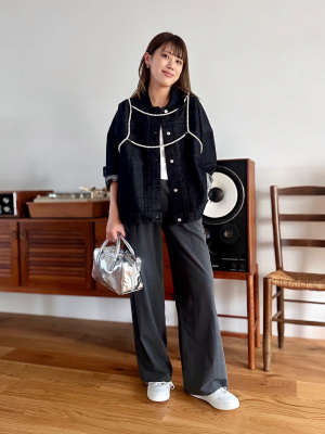 早い者勝ち！Stone  L ストレートパンツ太め ブラック スラックス 2タック ワイドストレート / ワイドパンツ ストレート