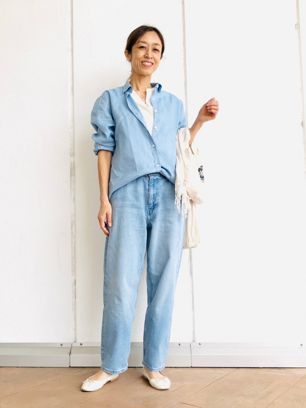 リネンブレンドバンドカラーシャツ/7分袖、リネンブレンド
