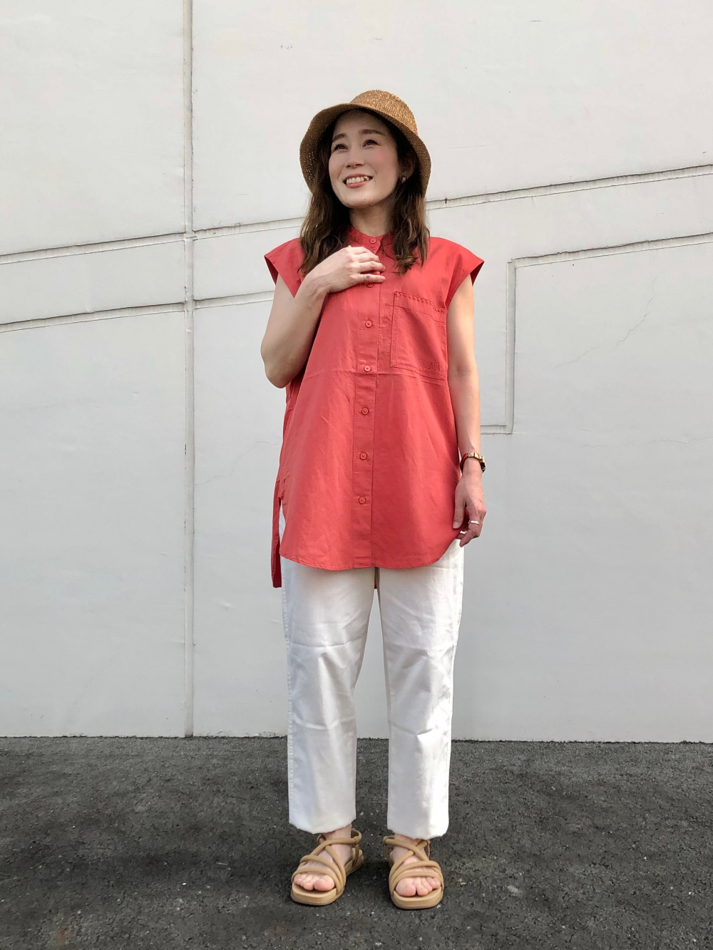 リネンブレンドロングシャツ/ノースリーブ」の着用コーディネート 