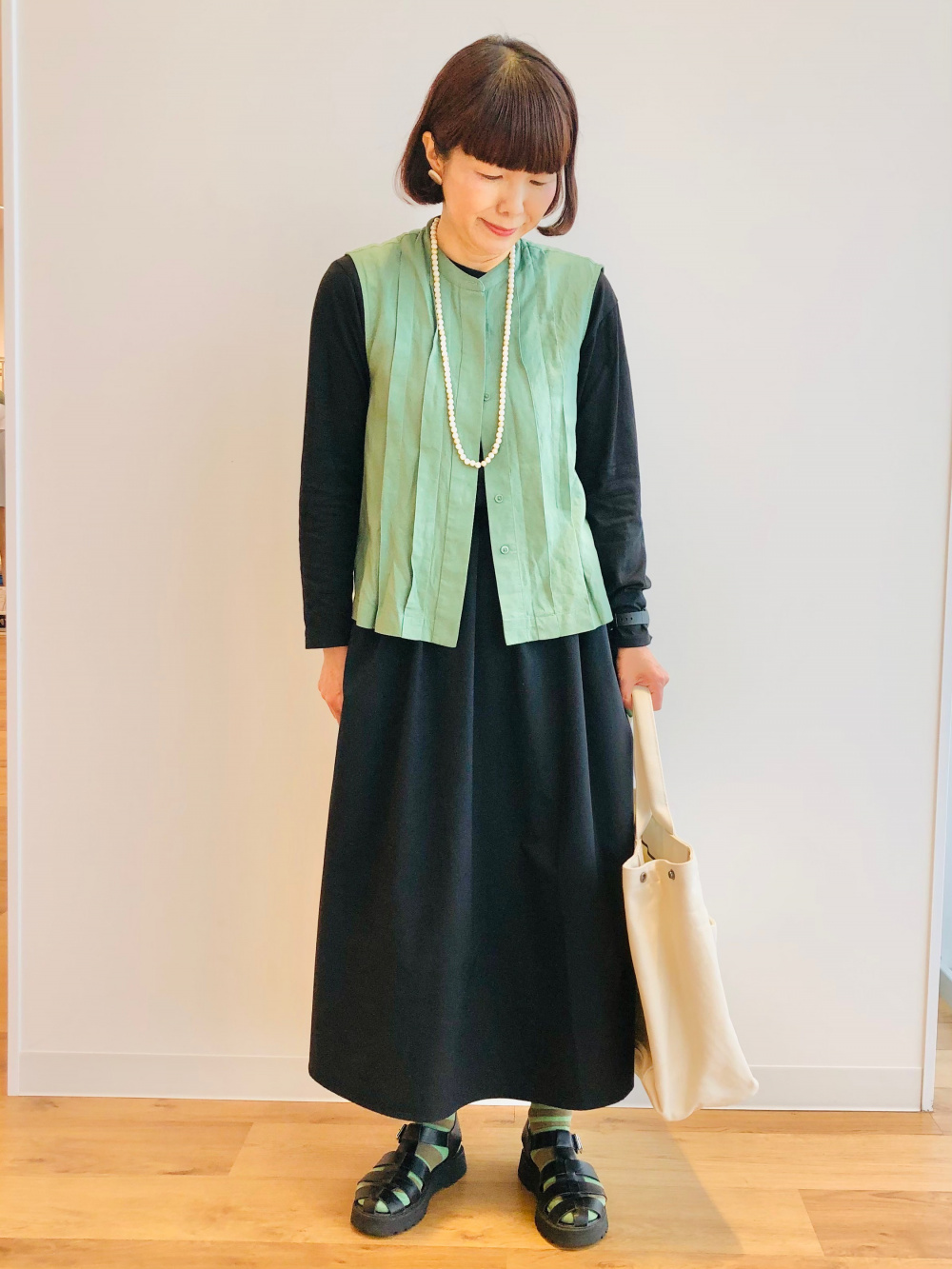 リネンブレンドバンドカラーシャツ/7分袖、リネンブレンド