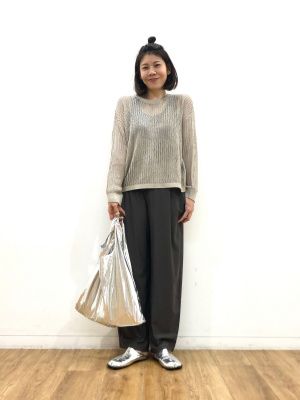 新品 定価3.5万 ナナミカ メッシュクルーネックセーター S 光電子 グレー ラグスタイル LUXSTYLE 7Gメッシュ編みクルーネックニット