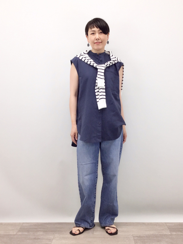 リネンブレンドロングシャツ/ノースリーブ」の着用コーディネート 