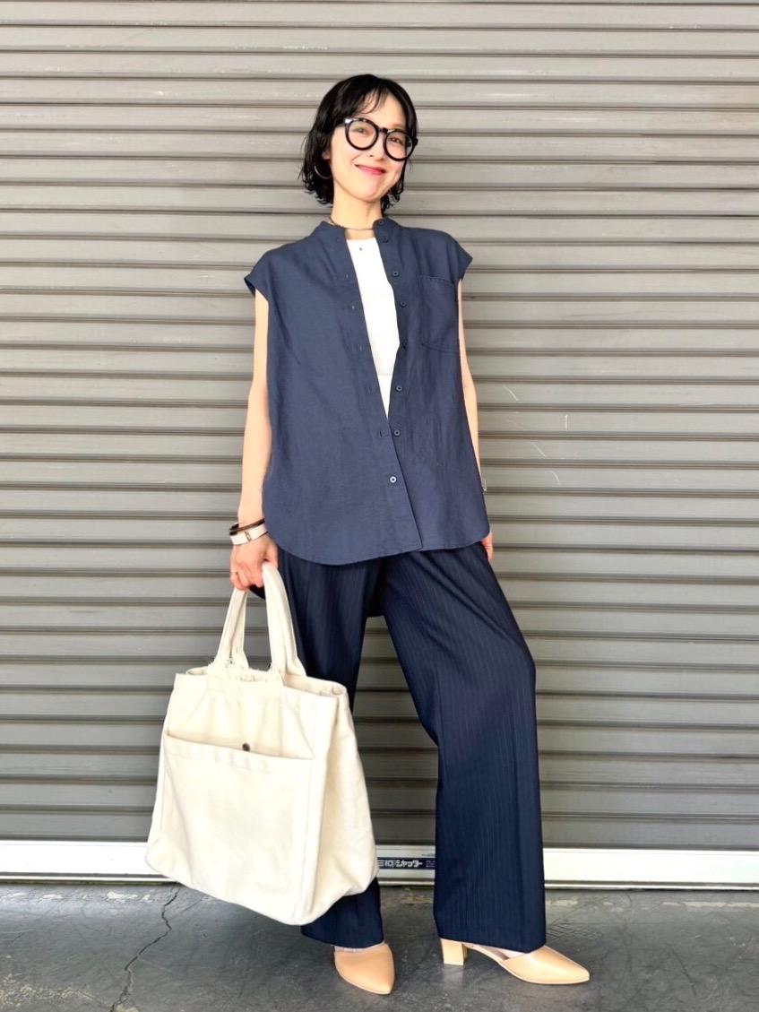 リネンブレンドロングシャツ/ノースリーブ」の着用コーディネート 