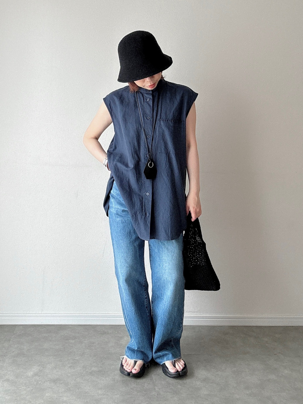 リネンブレンドロングシャツ/ノースリーブ」の着用コーディネート 