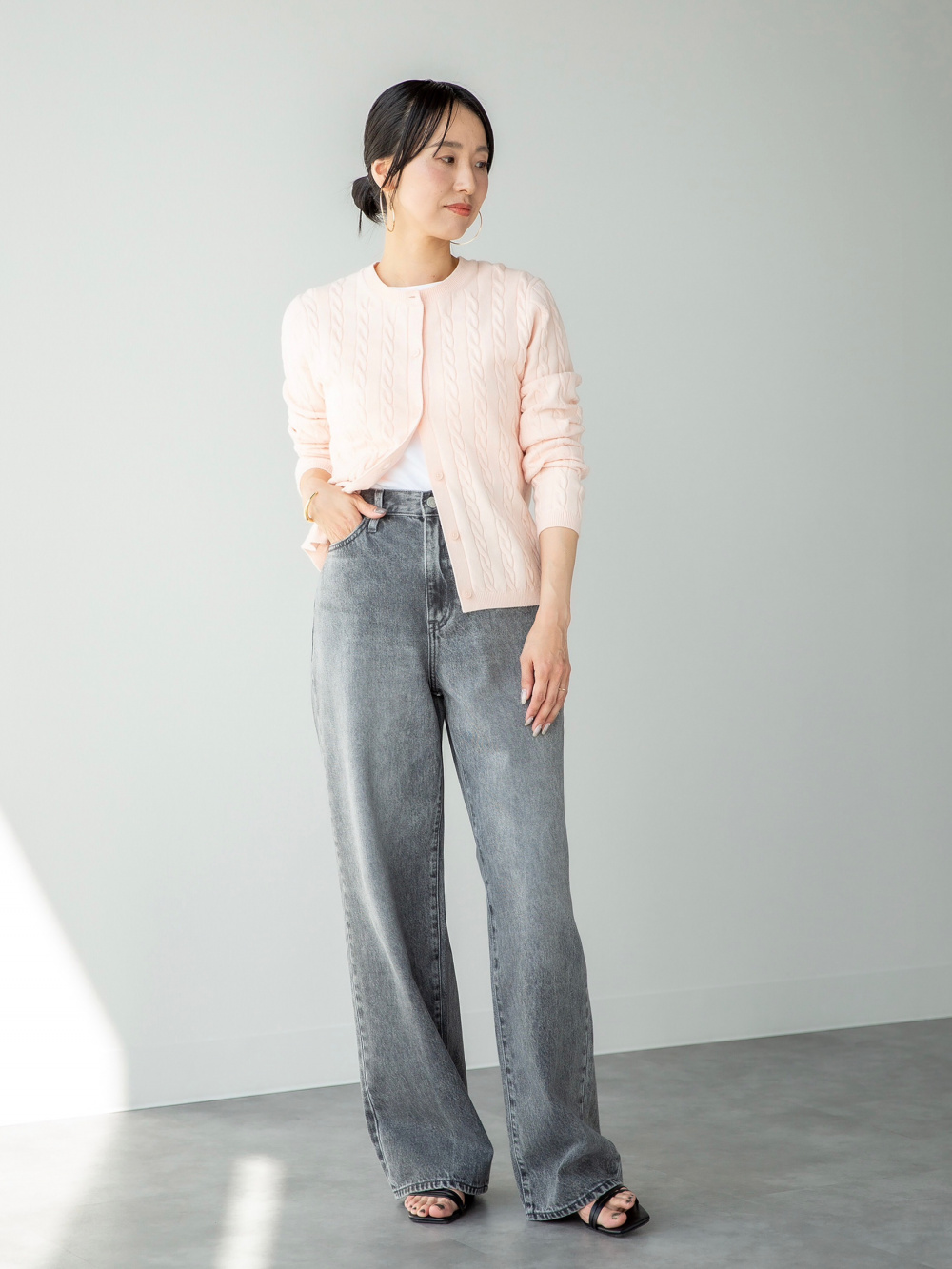 C6939 クルーネックカーディガン×パンツコーデ スウェットワイドパンツ