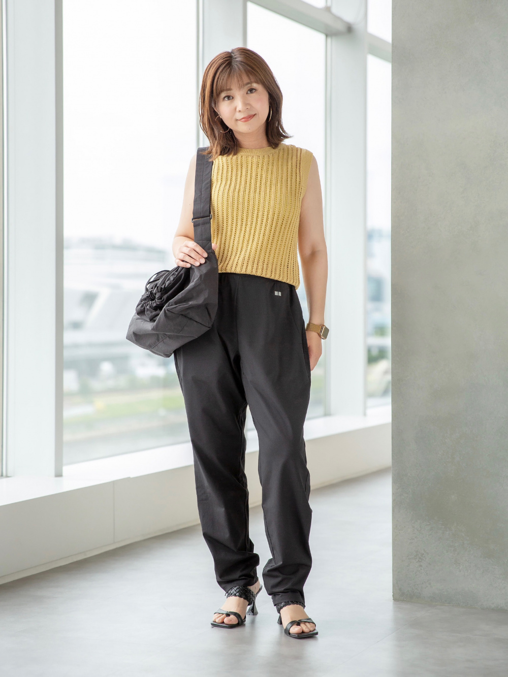リネンブレンドバンドカラーシャツ/7分袖、リネンブレンド