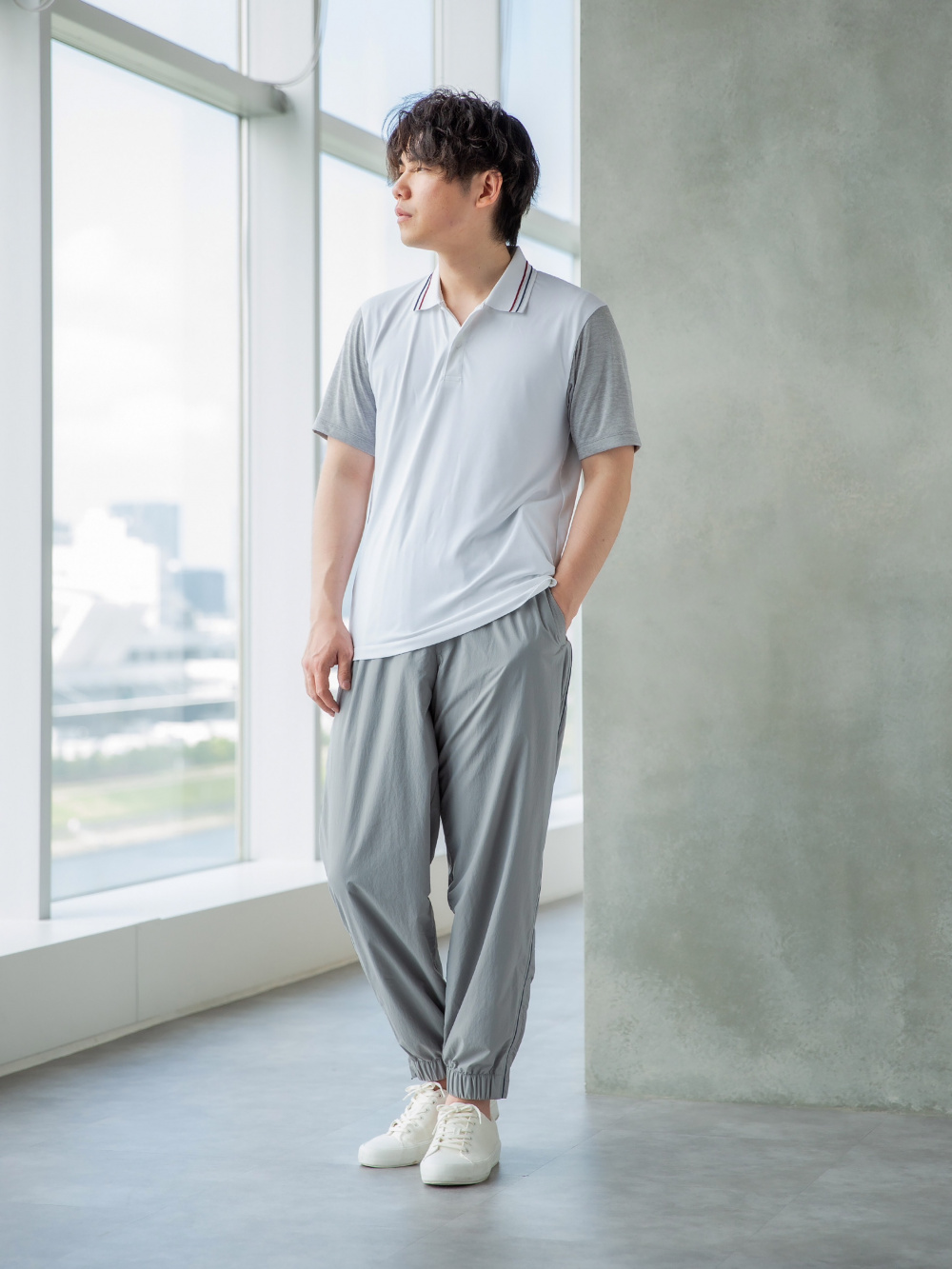 ドライEXポロシャツ、感動シャツジャケット/ウールライク」の着用