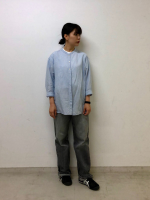 A15838 美品 MHL. リネンブレンドバンドカラーシャツ　半袖　黒　L A15838 美品 MHL. リネンブレンドバンドカラーシャツ 半袖 黒 L