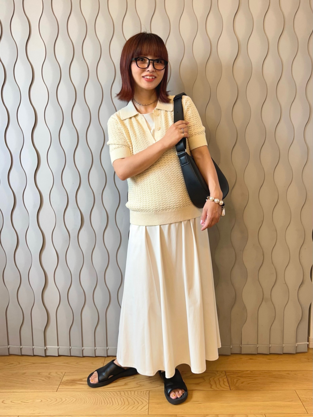 リネンコットンオープンワークポロセーター、レーヨンプリント