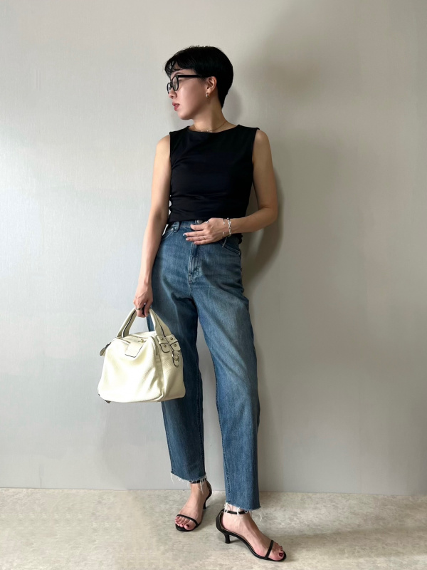 リブボートネックノースリーブT（レディース）の着用コーディネート