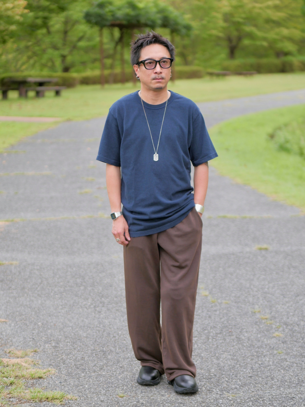 クルーネックT（半袖）、タックワイドパンツ/コーデュロイ」の