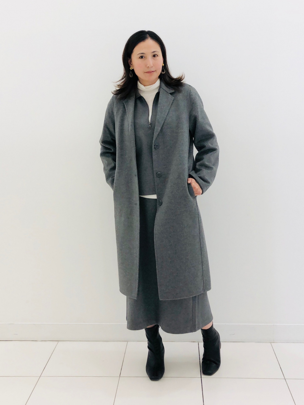 ダブルフェイスチェスターロングコート、ライトリブタートルネックT