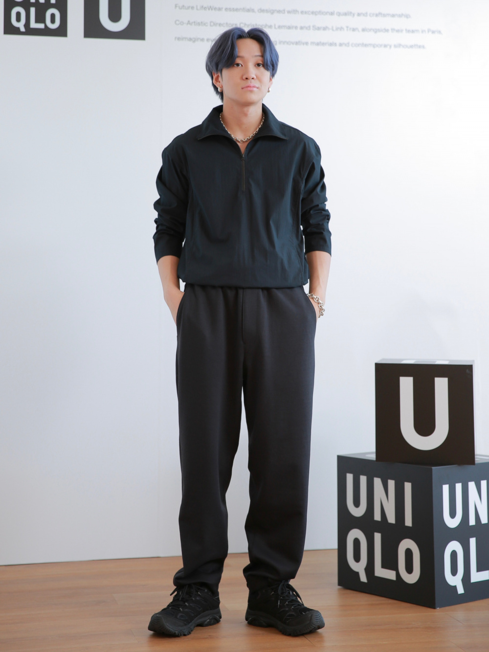 UNIQLO UコットンブレンドハーフジップブラウスXL／黒 コットンブレンドハーフジップブラウス」の着用コーディネート