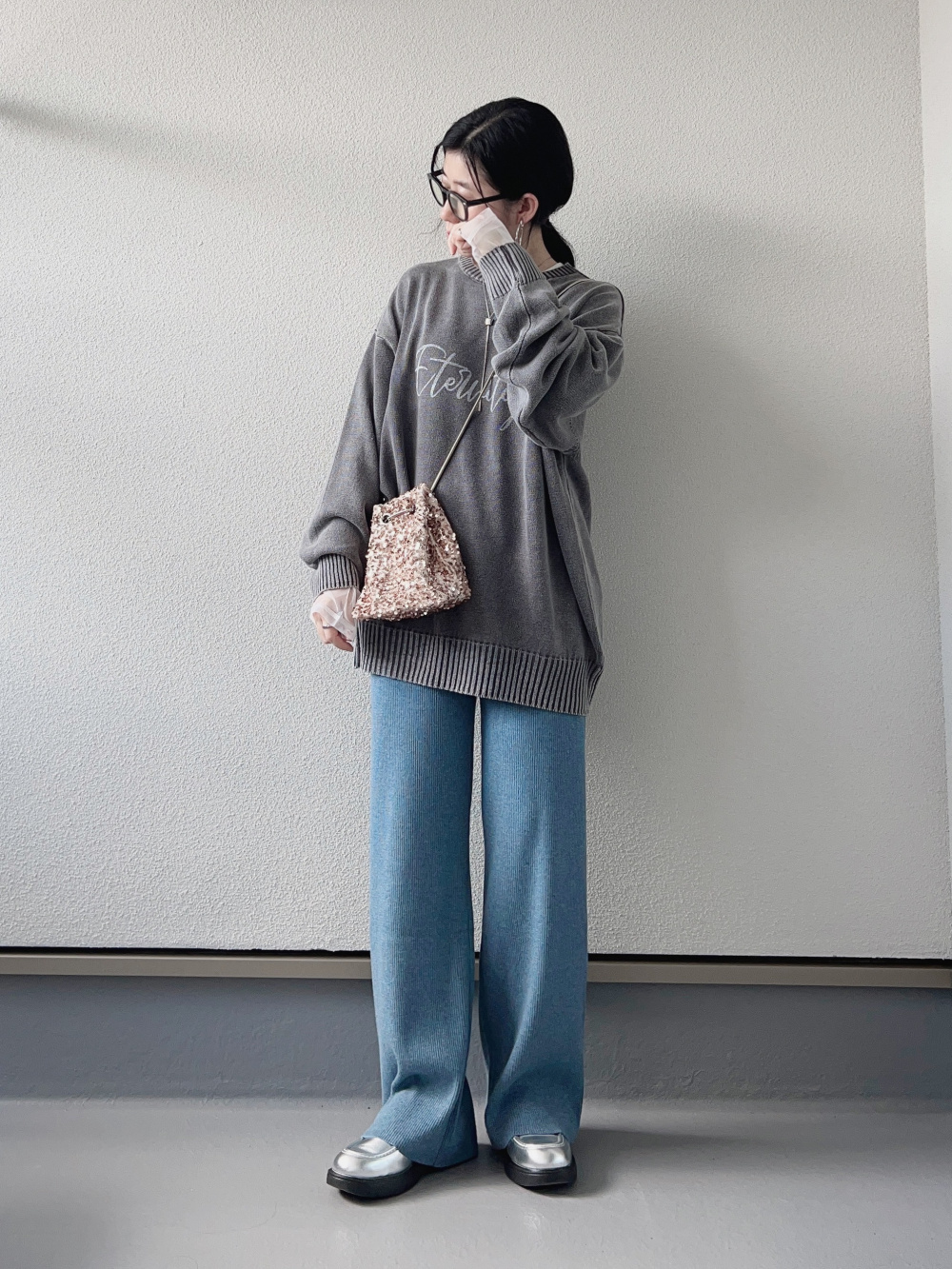 C5396 ブルーニット×イージーパンツコーデ ワイドストレートニットイージーパンツ[品番：UBRW0009594