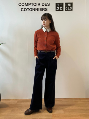 【新品】ユニクロ　コトニエ　コーデュロイワイドパンツ　ネイビー　Lサイズ おでかけに着られる【ユニクロ】「コーデュロイワイドパンツ」は