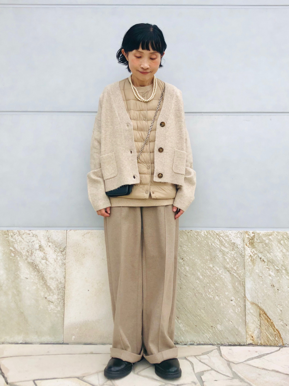★SS25★ ウール＆モヘア混ジャージー ワイドパンツ タック入り カシミヤモックネックセーター5分袖、ブラッシュドジャージー
