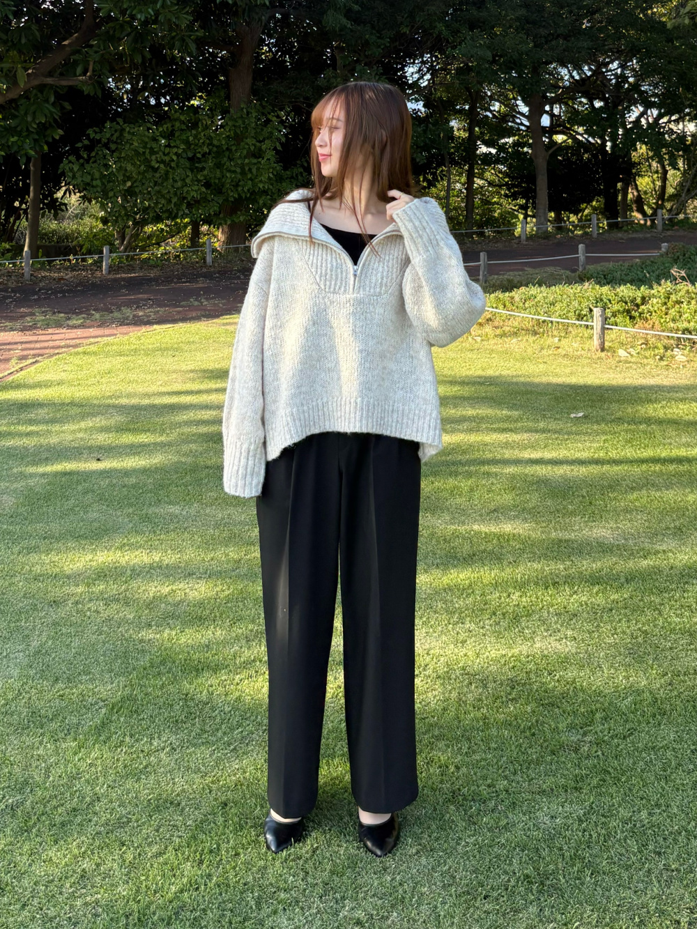 プレミアムラムクルーネックセーター（アーガイル・長袖）、タック