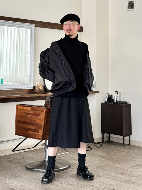 ハイブリッドダウンオーバーサイズMA-1ブルゾン、ウールパンツ