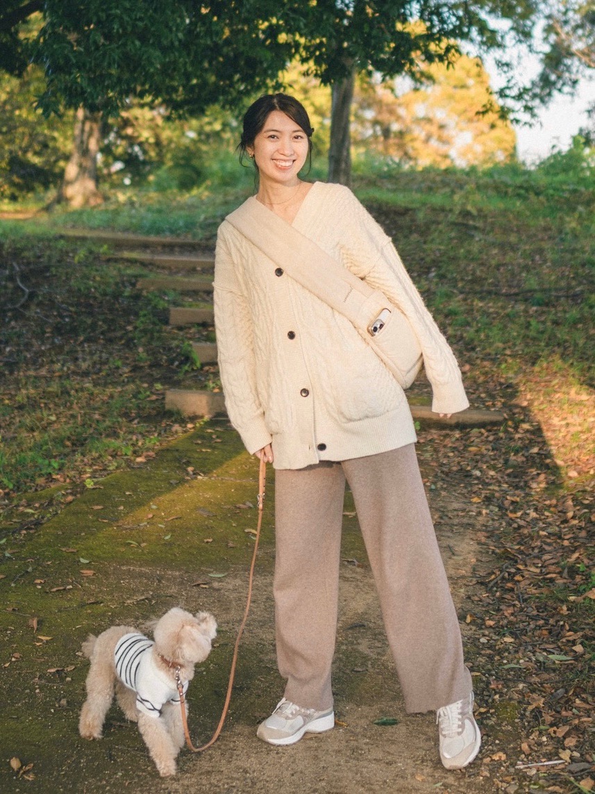 ニットショートジャケット、ウォッシャブルニットリブパンツ」の着用