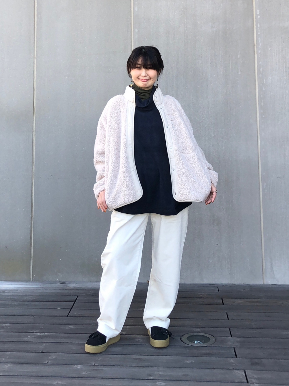 ソフトニットフリースリブハイネックT、フリーススタンドカラー