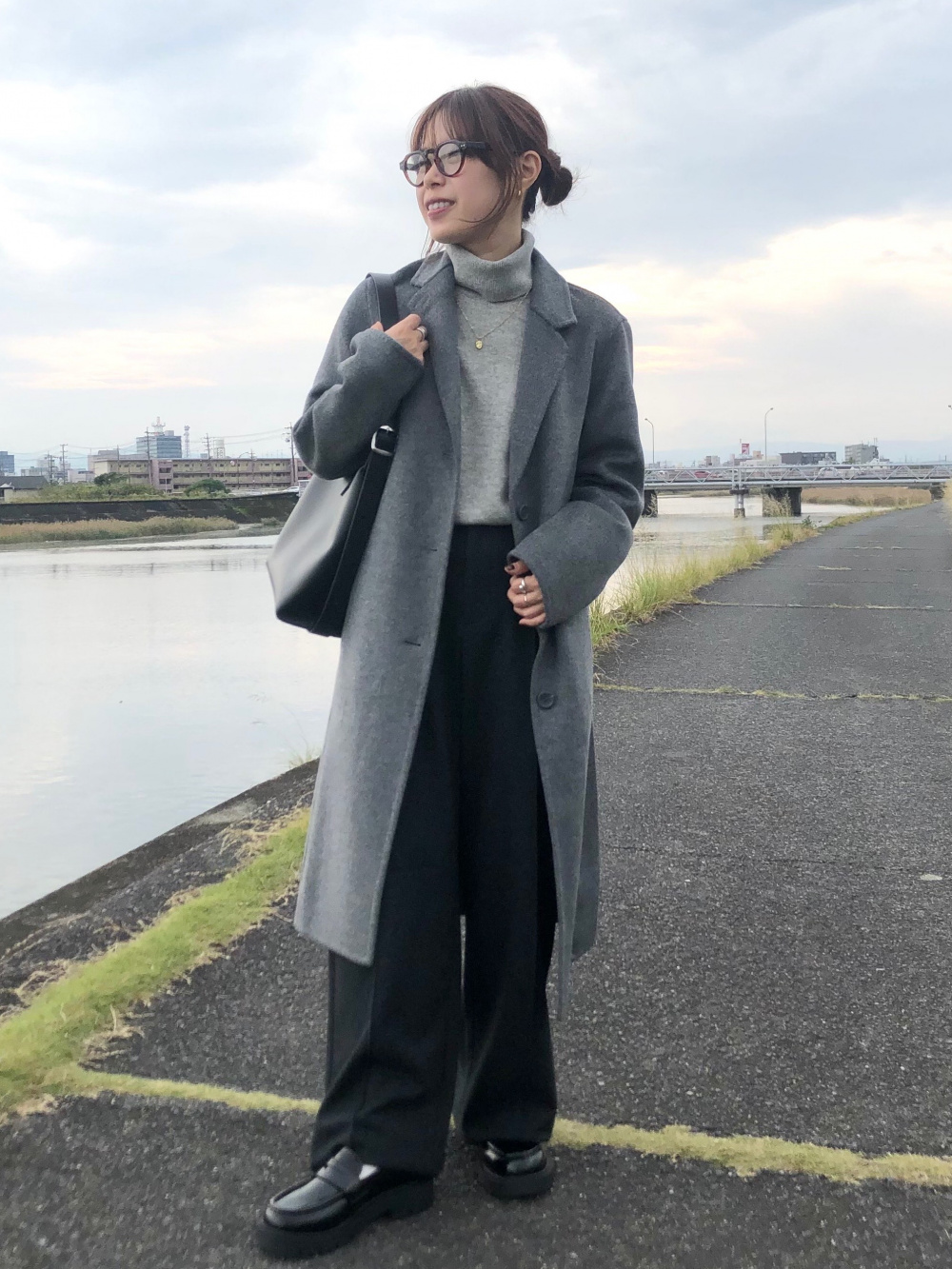 ダブルフェイスチェスターロングコート、ケーブルクルーネック