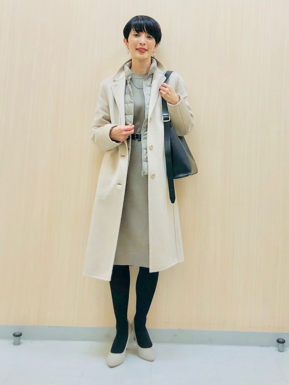 ダブルフェイスチェスターロングコート、ライトリブタートルネックT