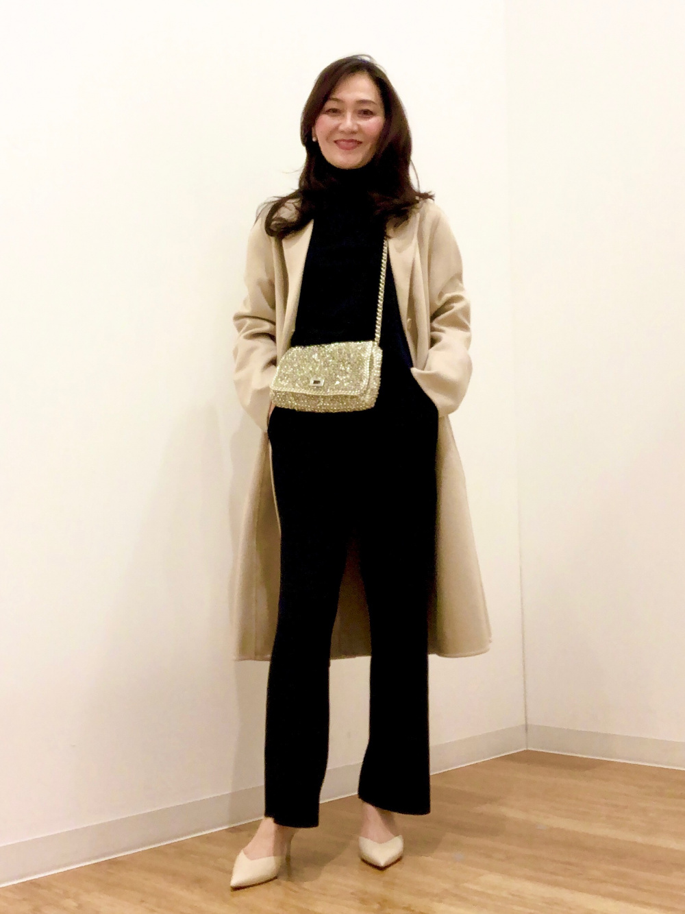 ダブルフェイスチェスターロングコート、ライトリブタートルネックT