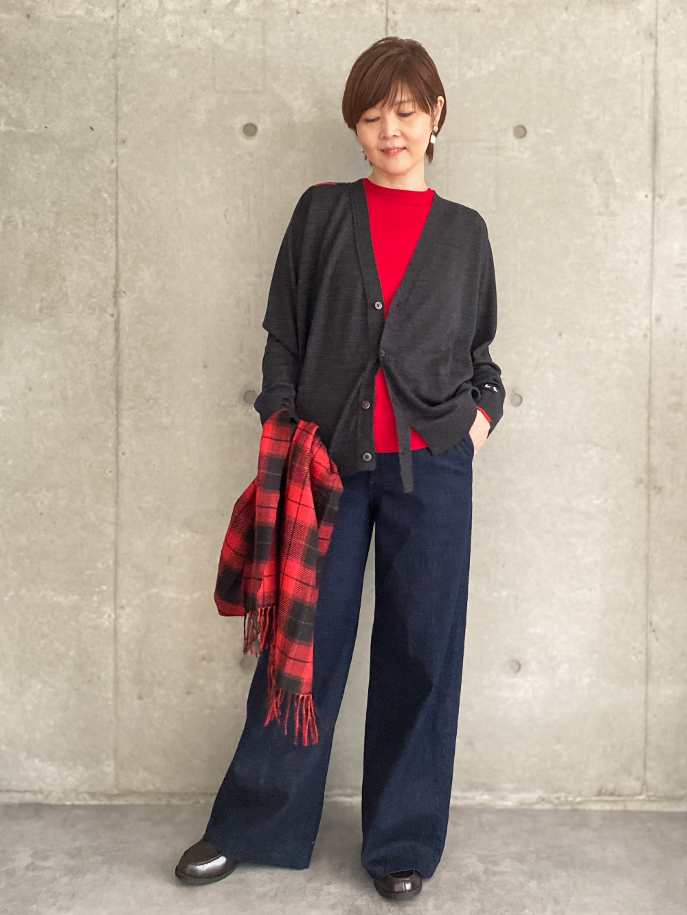 ソフトタッチタートルネックTシャツ、ウールチェックロング