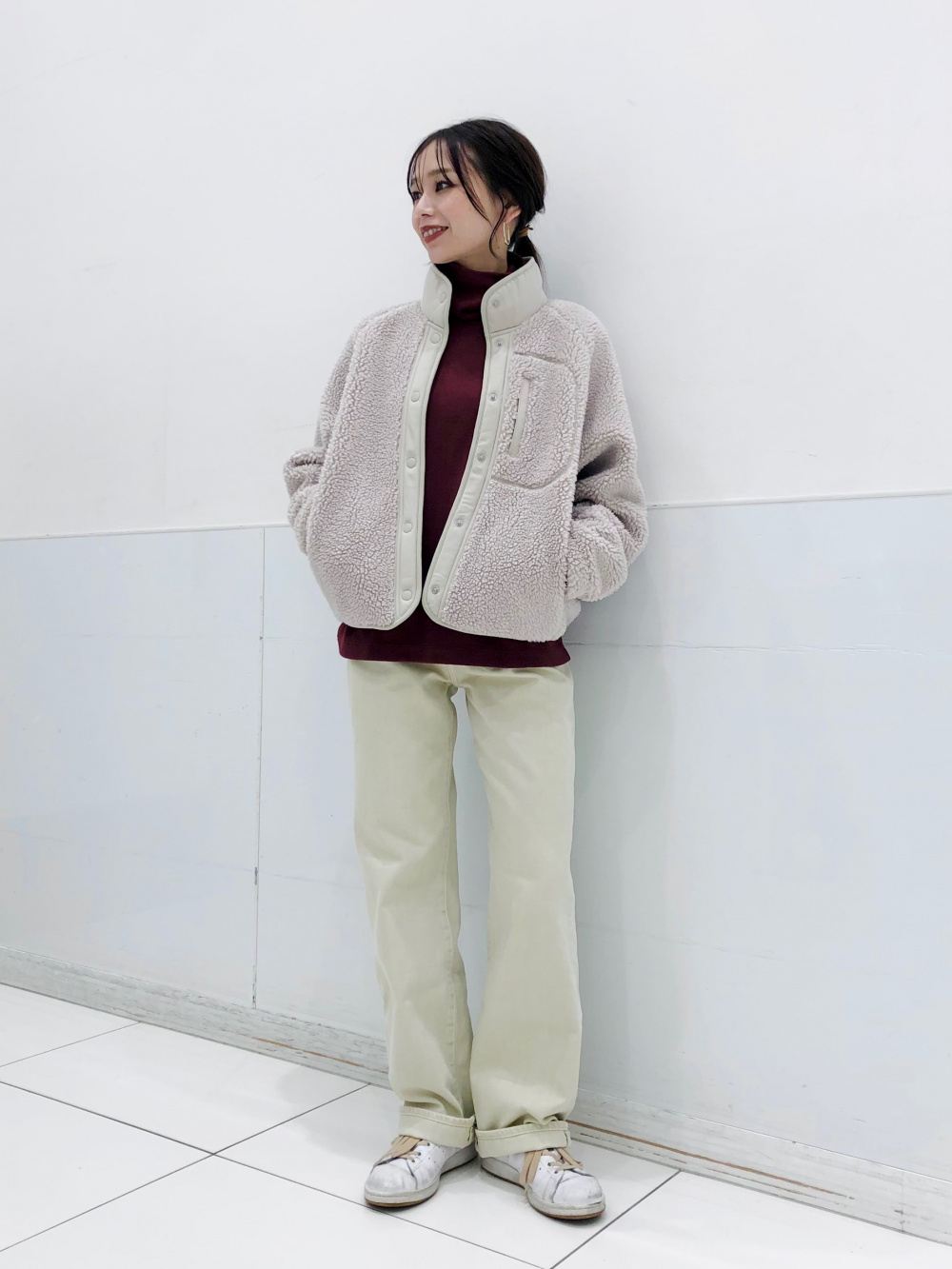 ソフトニットフリースリブハイネックT、フリーススタンドカラー