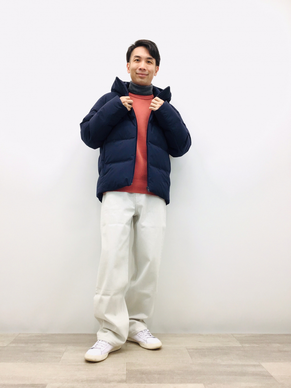 超極暖ヒートテックタートルネックT、デニムジャケット」の着用