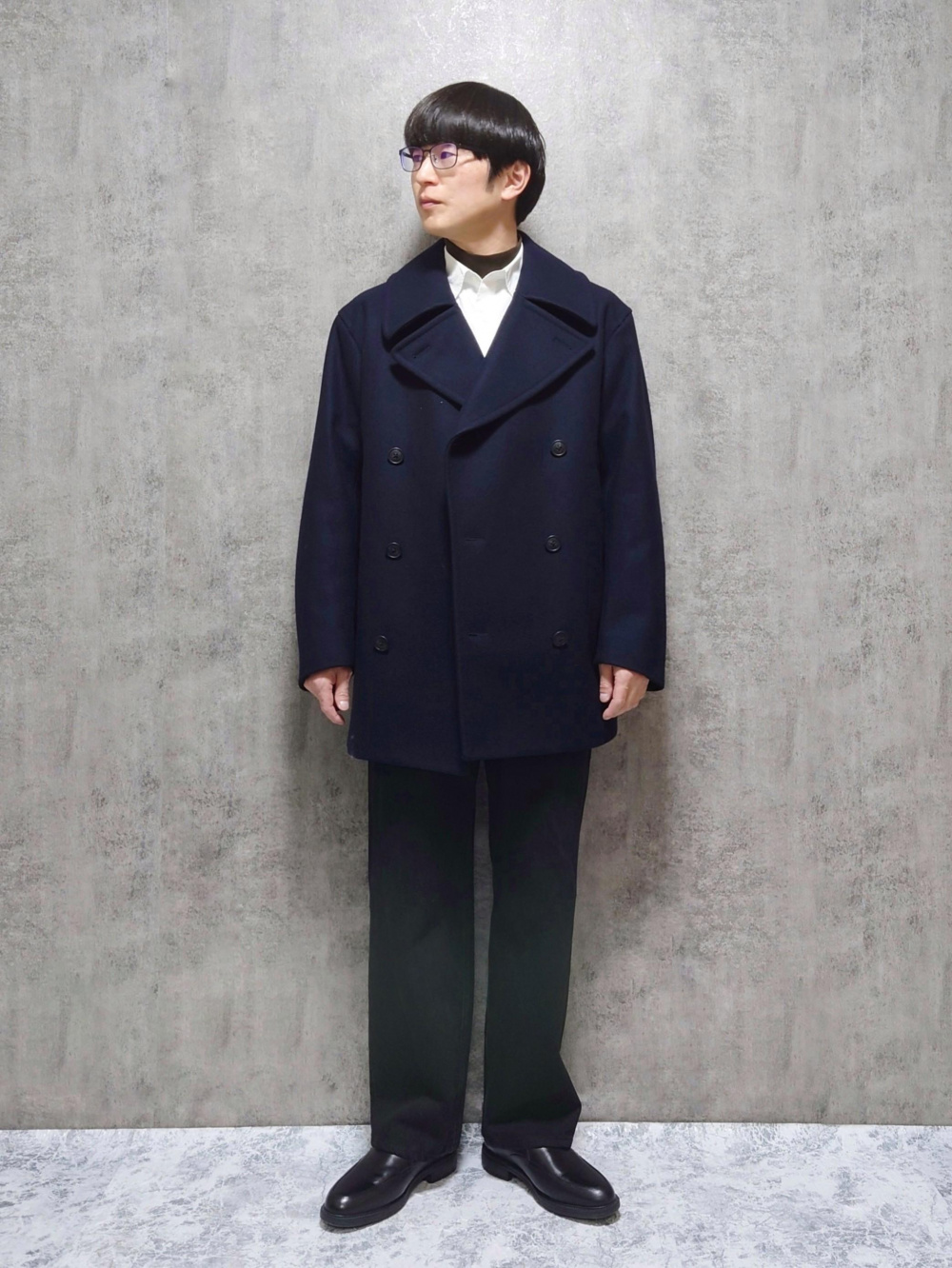 ウールブレンドオーバーサイズピーコート、カシミヤクルーネック