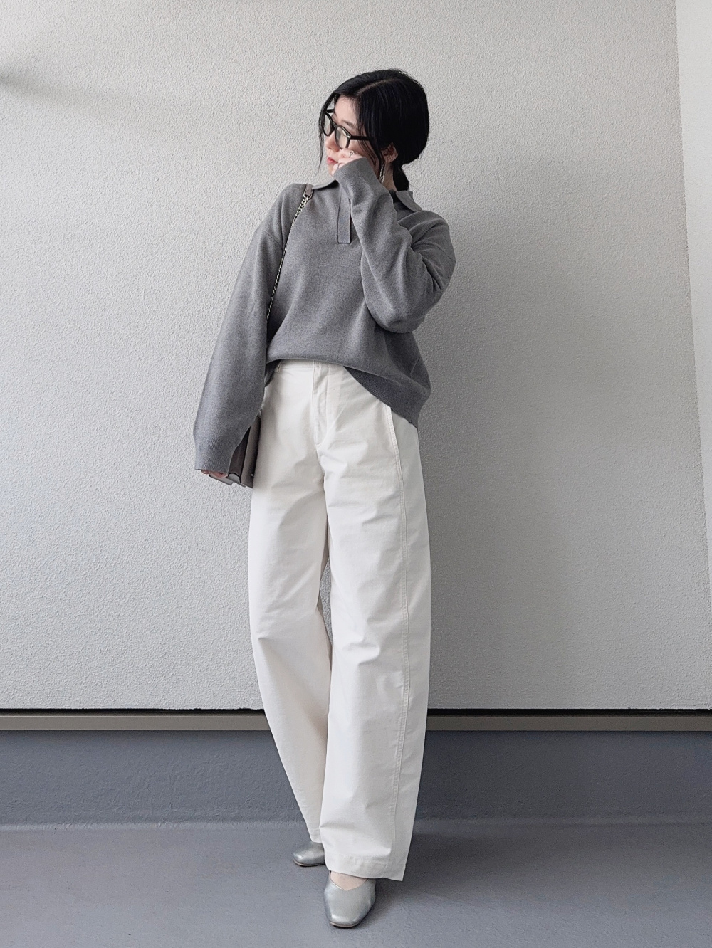 スムースコットンリラックスポロセーター、ジャージーバレルレッグ