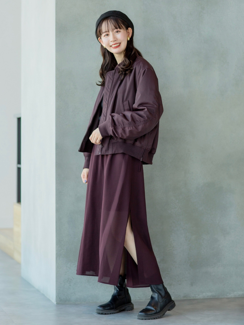 ボマージャケット、ボリュームギャザースカート」の着用コーディネート