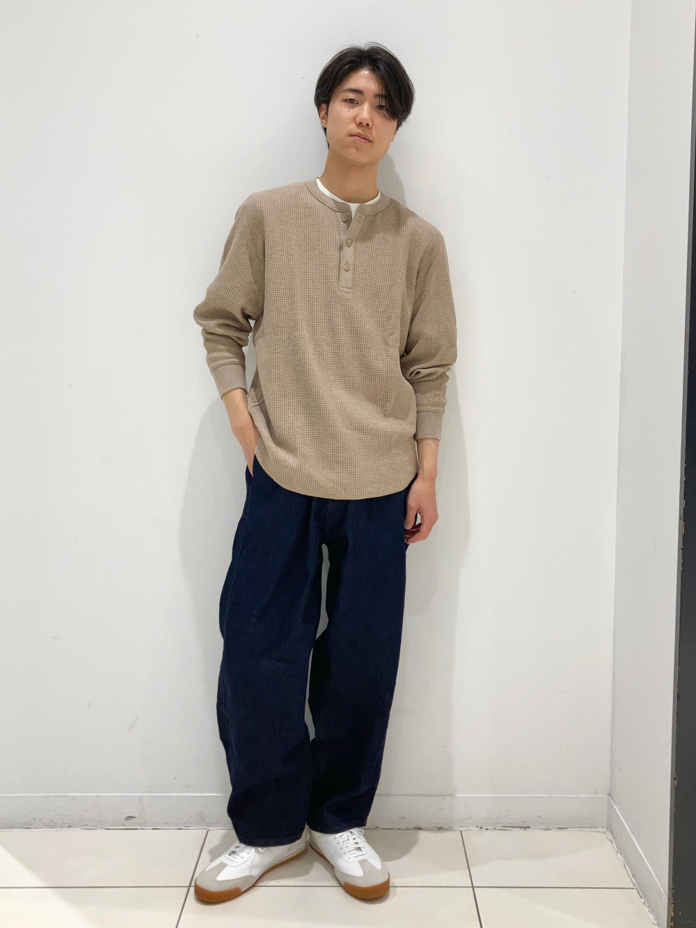 ワッフルヘンリーネックTシャツ、スフレヤーンショート
