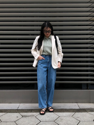 UNIQLO リネンブレンドジャケット　ブルー　Lサイズ 新品 ユニクロ公式 | リネンブレンドジャケット