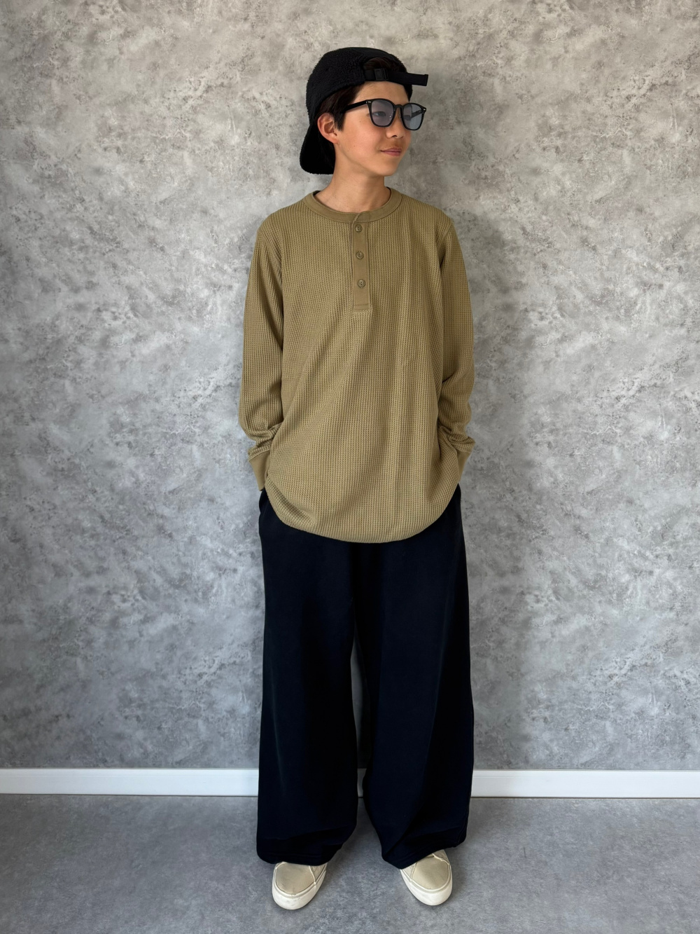 ワッフルヘンリーネックTシャツ、スフレヤーンショート